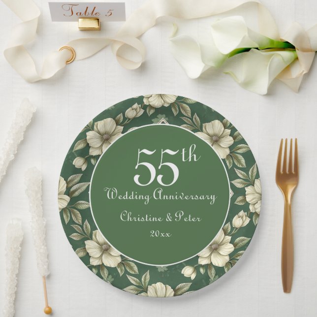 Ivory Floral and Emerald Wedding Anniversary Paper Plate (Wedding)