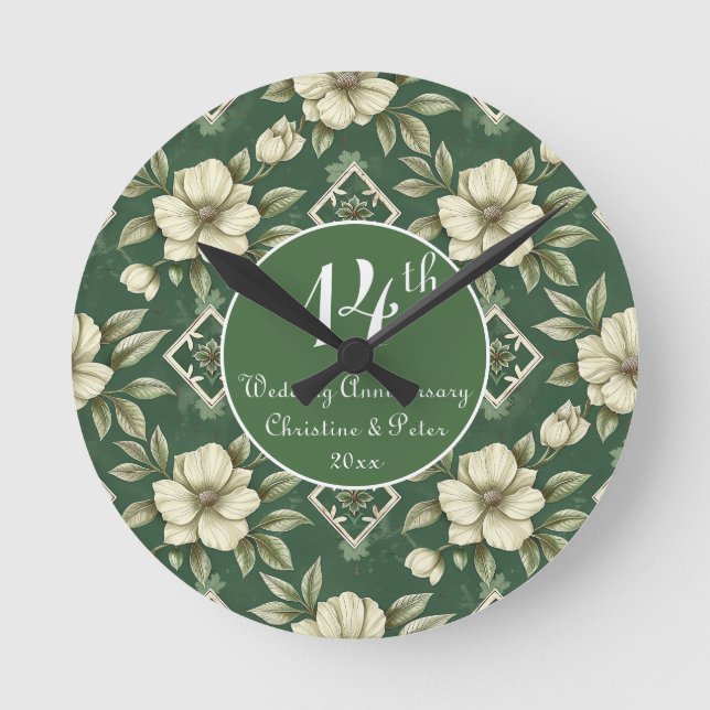 Ivory Floral and Emerald Wedding Anniversary Round Clock (Front)