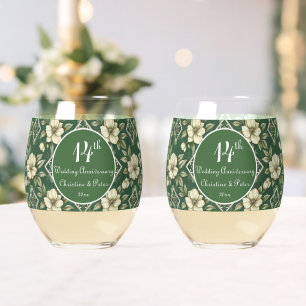 Ivory Floral and Emerald Wedding Anniversary Stemless Wine Glass