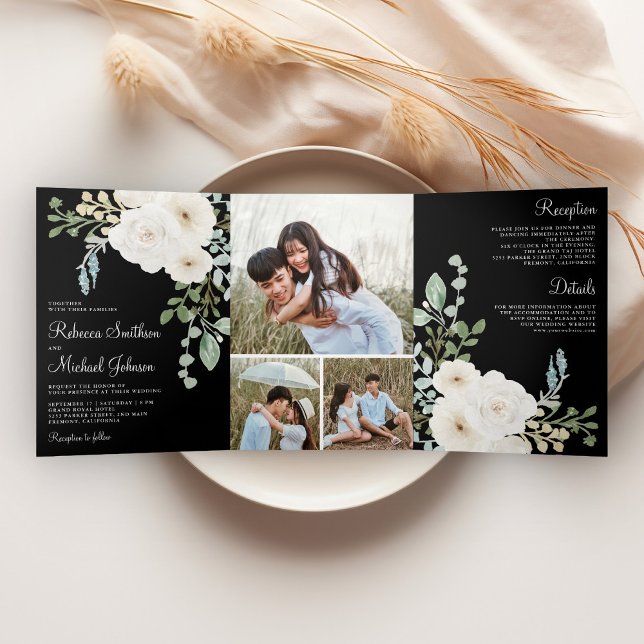 Ivory Floral Black Photo Collage Wedding Tri-Fold Invitation (Creator Uploaded)
