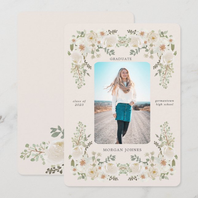 Ivory Floral Border Photo Graduation Announcement (Front/Back)