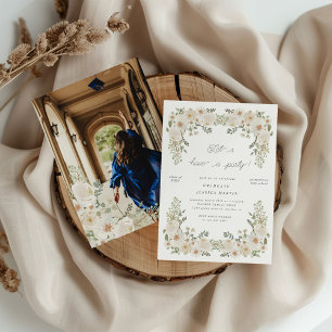Ivory floral border photo graduation party invite
