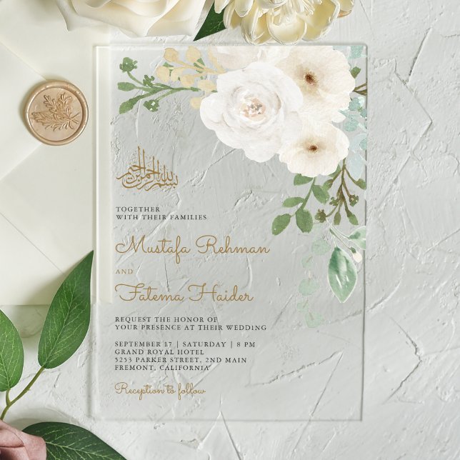 Ivory Floral Bouquet Islamic Muslim Wedding Acrylic Invitations (Creator Uploaded)