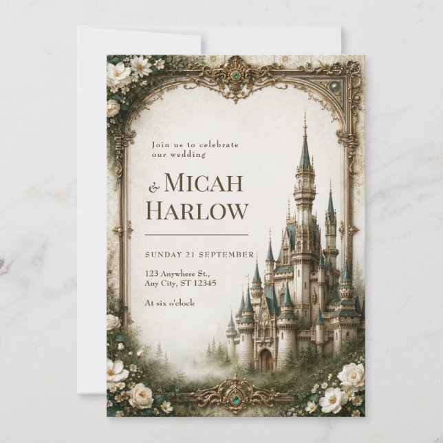 Ivory Floral Castle Wedding Invitation (Front)