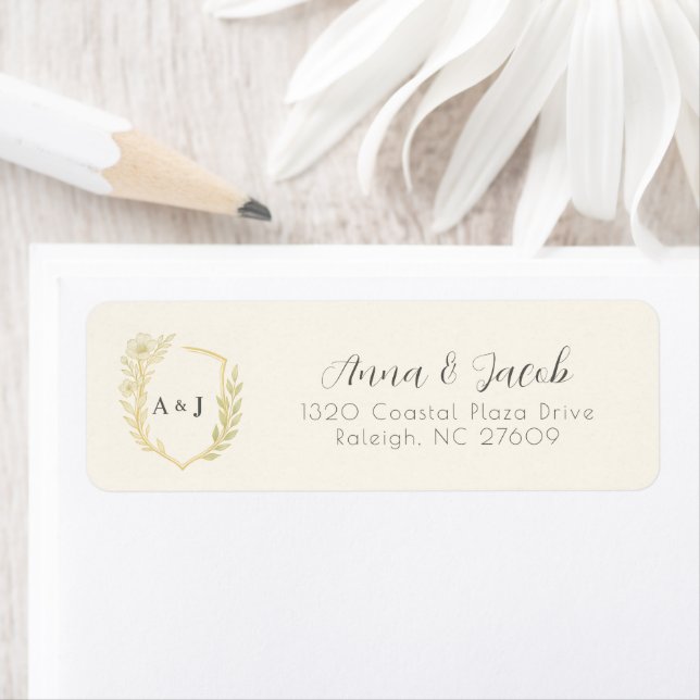 Ivory Floral Crest Monogram Wedding Return Address (Insitu)