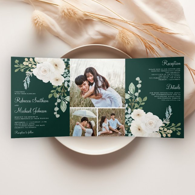 Ivory Floral Emerald Green Photo Collage Wedding Tri-Fold Invitation (Creator Uploaded)