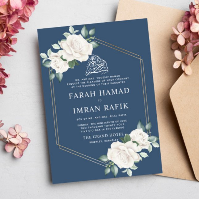 Ivory Floral Frame Blue Islamic Muslim Wedding Invitation (Creator Uploaded)
