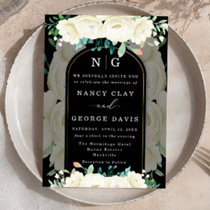 Ivory Floral Garden Monogram Black Wedding Invitation