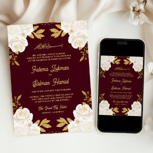 Ivory Floral Gold Burgundy Muslim Wedding Invitation