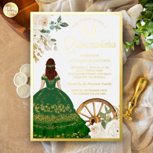 Ivory Floral Green Dress Charro Quinceanera Gold