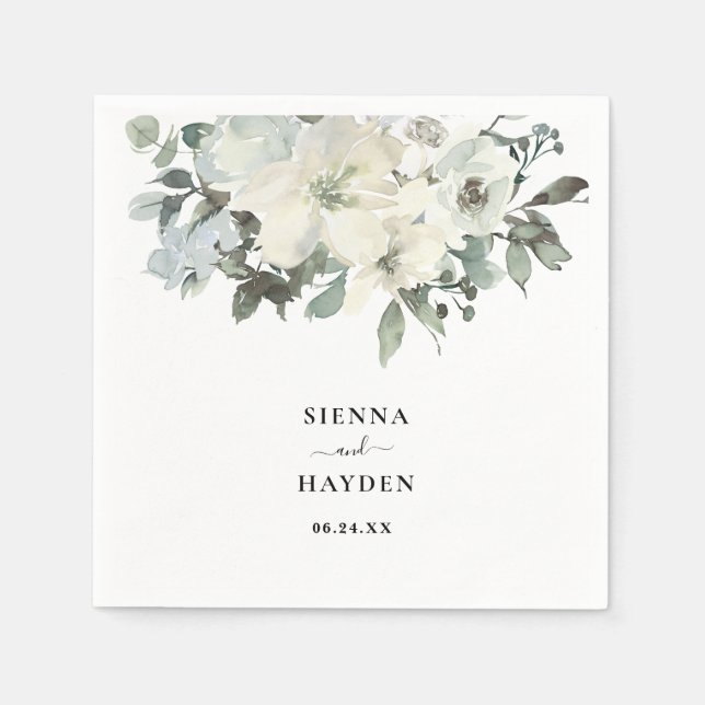 Ivory Floral Greenery Personalized Elegant Wedding Napkin (Front)