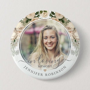 Ivory Floral In Loving Memory Photo Memorial 3 Inch Round Button