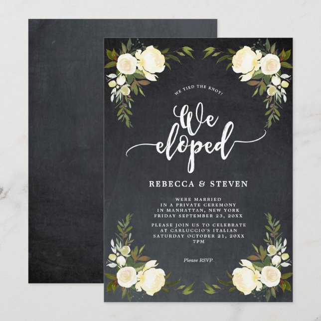 ivory floral modern we eloped invitation chalk (Front/Back)