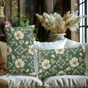 Ivory Floral on Emerald Background Lumbar Pillow
