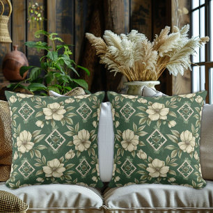 Ivory Floral on Emerald Background Throw Pillow