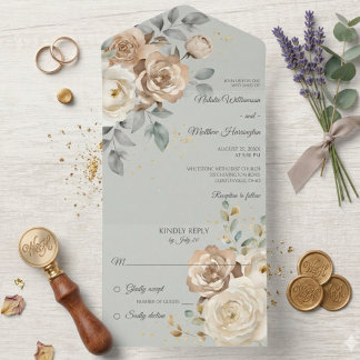 Ivory Floral on Sage Green Wedding All In One Invitation