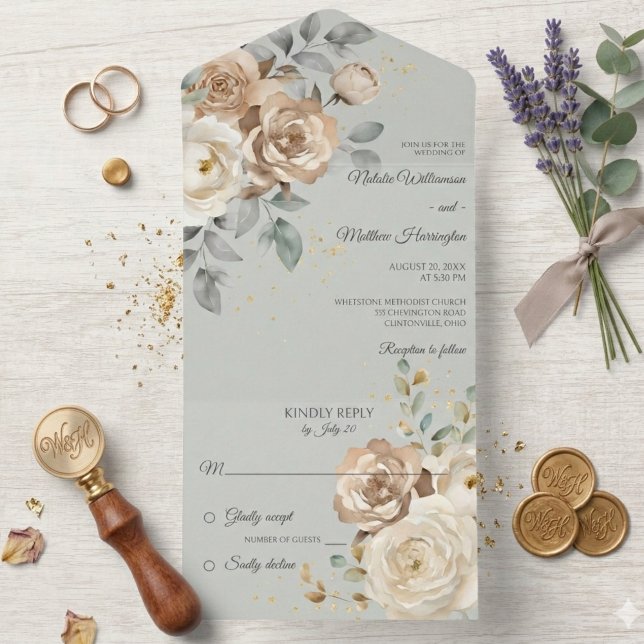 Ivory Floral on Sage Green Wedding All In One Invitation (Creator Uploaded)