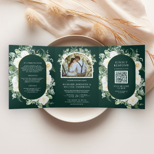 Ivory Floral Photo Emerald Green QR Code Wedding Tri-Fold Invitation