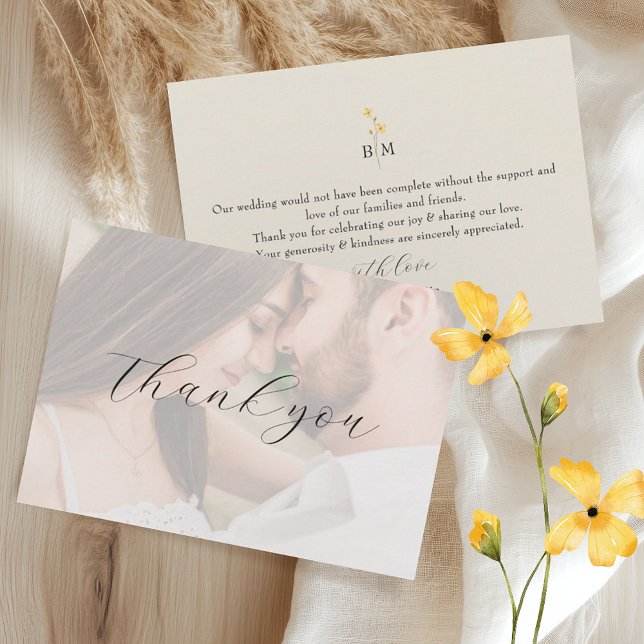 Ivory Floral Photo Wedding Thank You Card (Creator Uploaded)