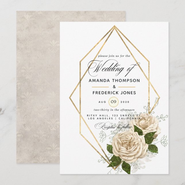 Ivory Floral Polygonal Rustic Wedding Invitation (Front/Back)