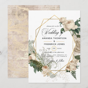 Ivory Floral Polygonal Rustic Wedding Invitation