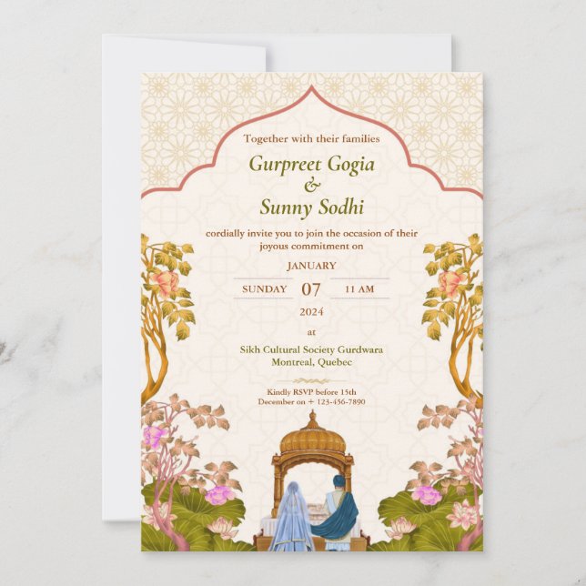 Ivory Floral Punjabi Sikh Faire-part de mariage (Devant)