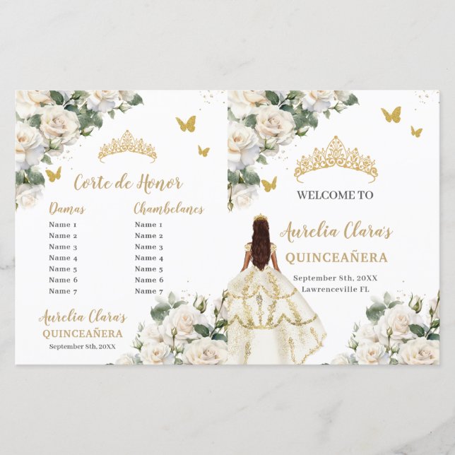 Ivory Floral Quinceanera Order of Events Program (Front)