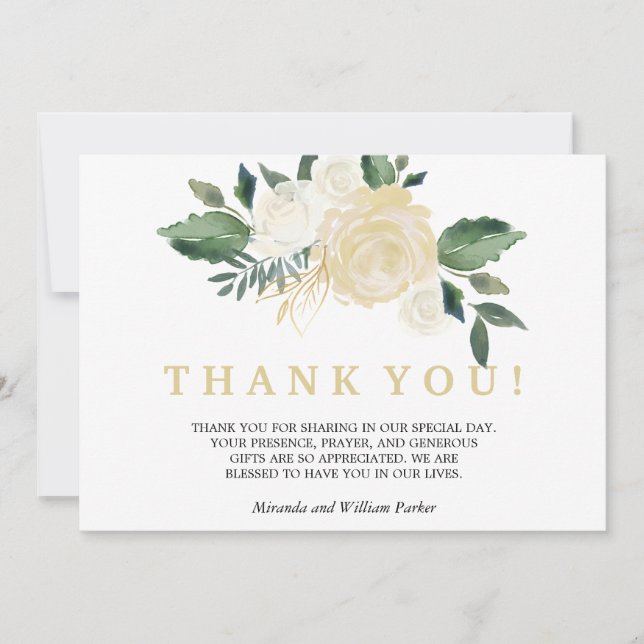Ivory Floral Rose bouquet mariage photo Merci (Devant)