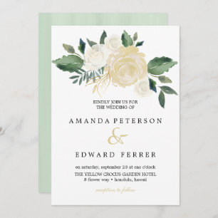 Ivory Floral Roses bouquet wedding mint Invitation
