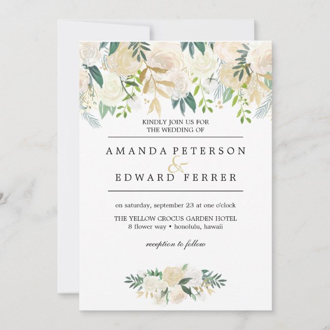 Ivory Floral  Roses Greenery wedding blush pink Invitation (Front)