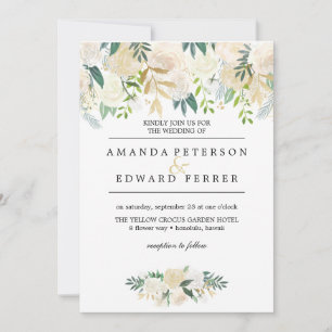 Ivory Floral  Roses Greenery wedding blush pink Invitation