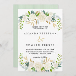 Ivory Floral Roses wedding Mint Invitation