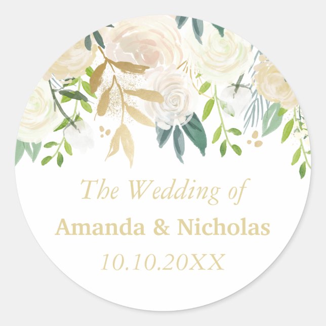 Ivory Floral Roses  wedding personalized Classic Round Sticker (Front)
