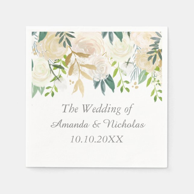 Ivory Floral Roses  wedding personalized Napkin (Front)