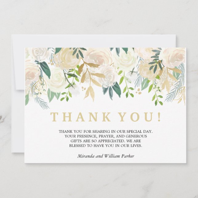 Ivory Floral Roses  wedding Thank you mint (Front)