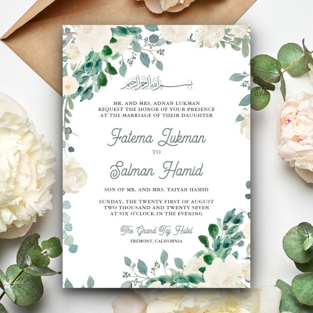 Ivory Floral Sage Green Leaves Islamic Wedding Invitation (Creator Uploaded)