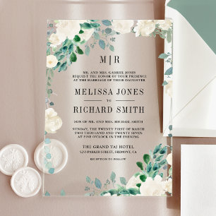 Ivory Floral Sage Green Leaves Wedding Acrylic Invitations