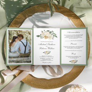 Ivory Floral Sage Green Leaves Wedding Photo Tri-Fold Invitation