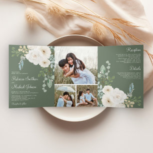 Ivory Floral Sage Green Photo Collage Wedding Tri-Fold Invitation