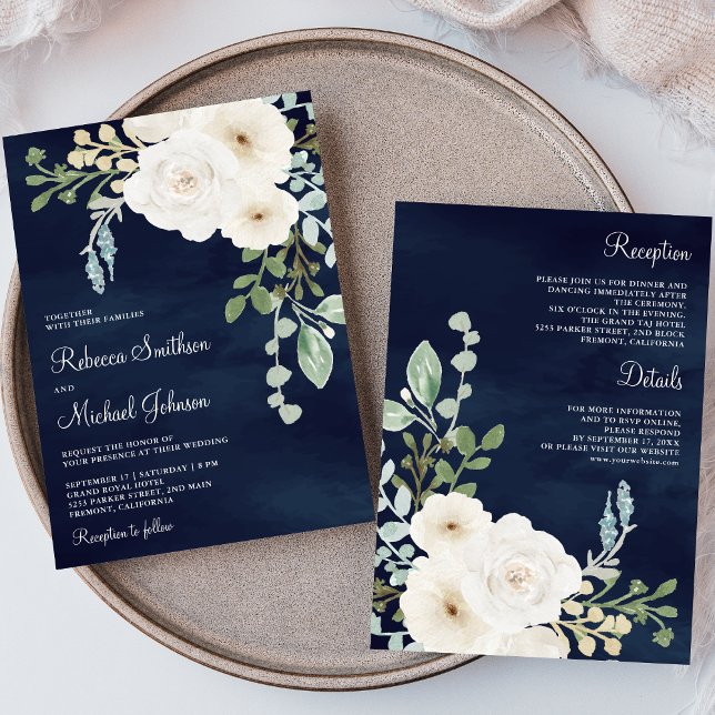 Ivory Floral Sage Leaves Navy All in One Wedding Invitation (Creator Uploaded)