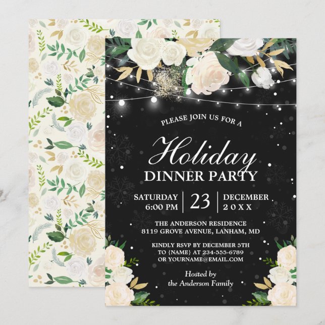 Ivory Floral String Lights Winter Holiday Party Invitation (Front/Back)
