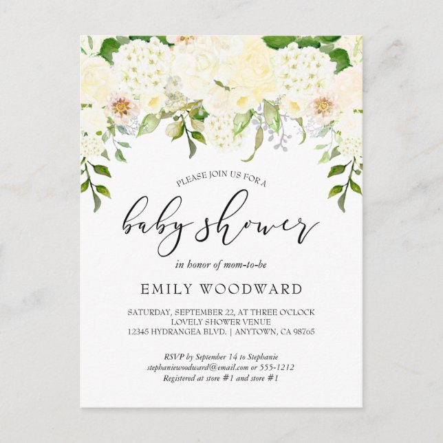 Ivory Floral Watercolor Baby Shower Invitation Postcard (Front)