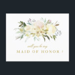 ivory floral will you be my Maid of Honour card<br><div class="desc">A lovely summer greenery design with elegant ivory white flowers. The text and colours can be personalized.</div>