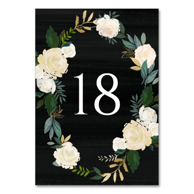Ivory Floral Wreath with Greenery Black Wedding Table Number (Front)