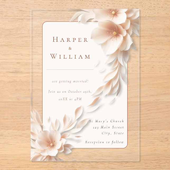 ivory florals flowing acrylic wedding invitation (Front)