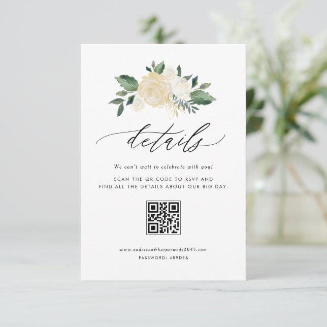 Ivory Flowers and Greenery QR Code Wedding Details Enclosure Card (Standing Front)