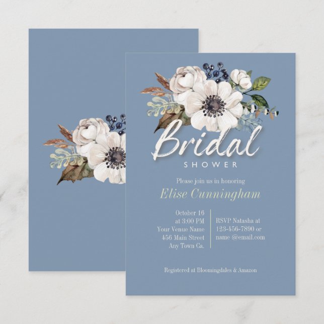 Ivory flowers on blue bridal shower invitations (Front/Back)