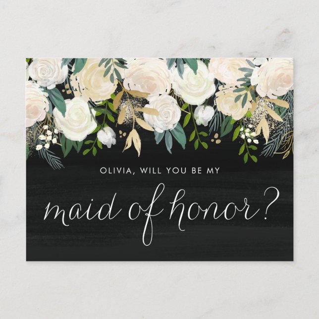 Ivory Flowers Rusitc Will You Be My Maid of Honour Invitation Postcard (Front)