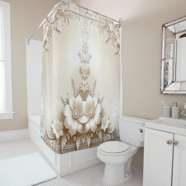 Ivory Flowers Shower Curtain (In Situ)