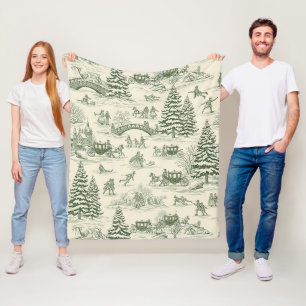 Ivory Forest Green French Country Winter Toile Fleece Blanket